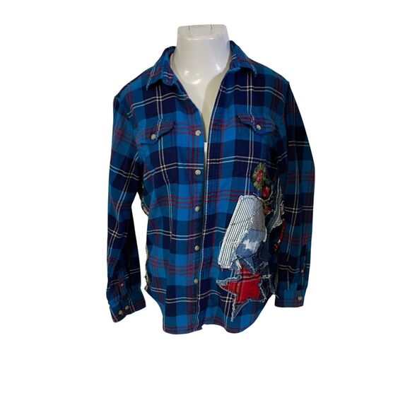 Upcycled Flannel Shirt Womens Large Shacket Ghostface Grunge Scary Movies Blue - Picture 16 of 16